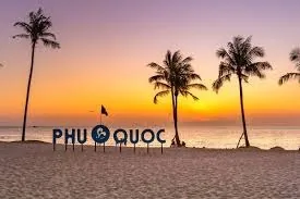 Hàng cây cọ bao quanh bảng hiệu Phú Quốc trên bãi cát lúc hoàng hôn bên biển.